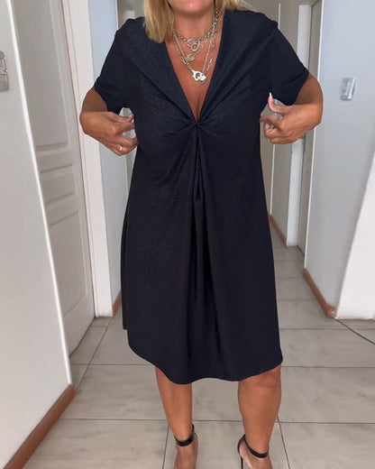 Elegant Little Black Dress for Women with V Neck Short Sleeve Twist Front Relaxed Shift Style