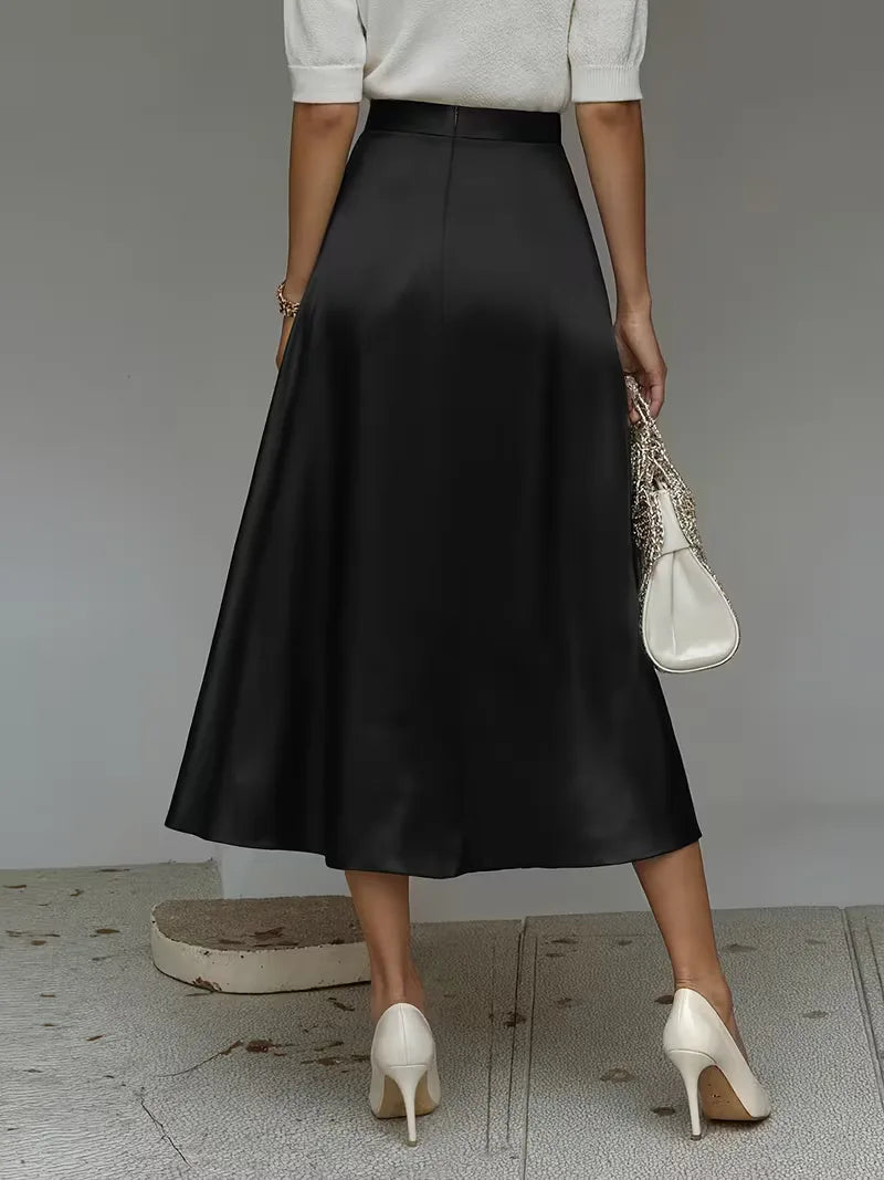 Elegant Satin Midi Skirt for Women with High Waist A Line Pocket Flowing Style