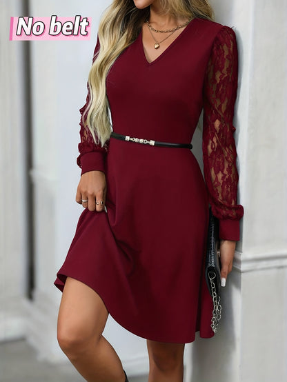Elegant Lace Christmas Party Dress for Women with V Neck Lantern Sleeve A Line Belted Style