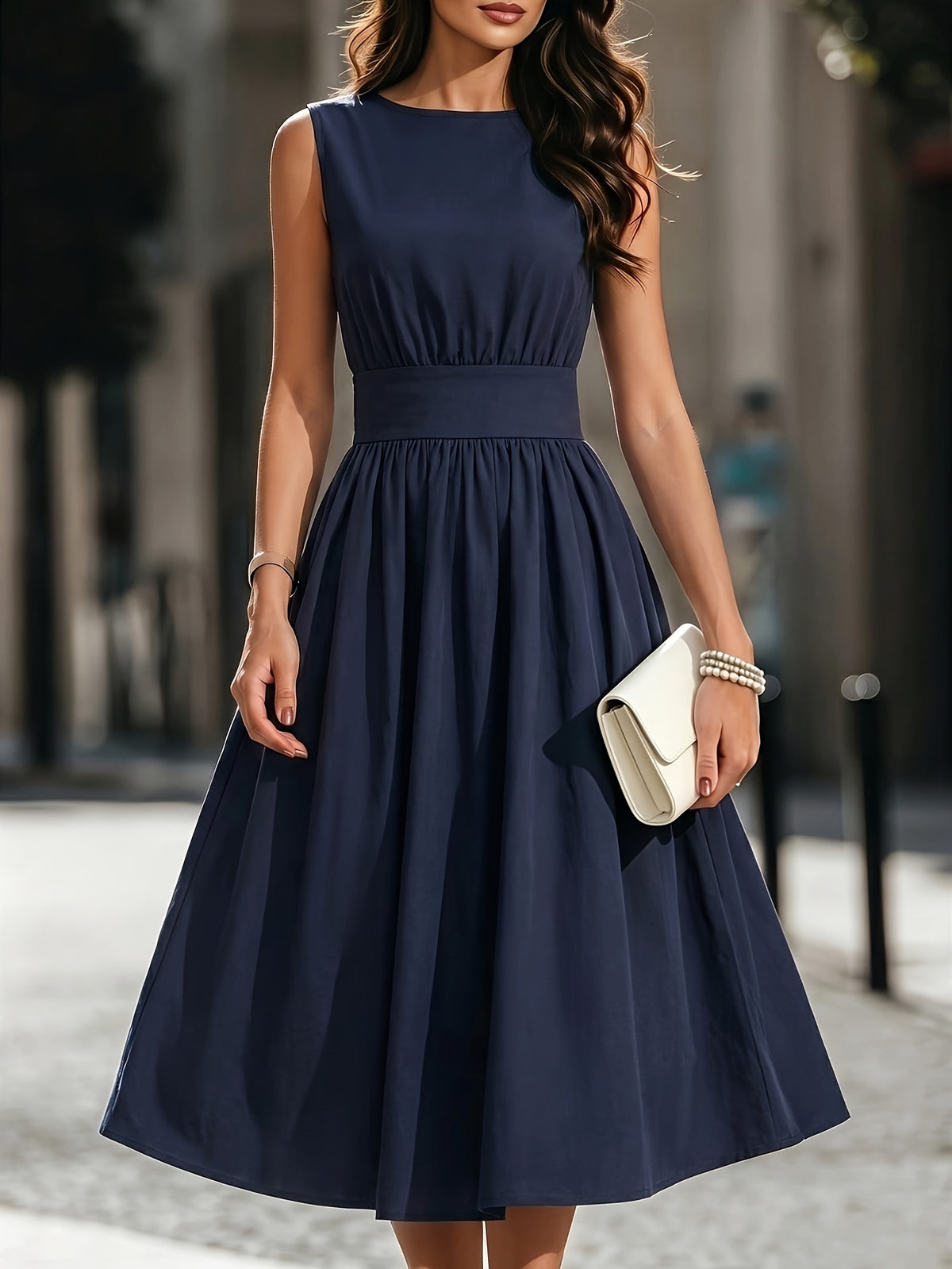Refined Semi Formal Dress for Women with Round Neck Sleeveless Shirred Waist Fit and Flare Midi Party Style