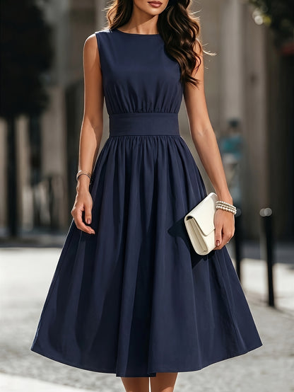 Refined Semi Formal Dress for Women with Round Neck Sleeveless Shirred Waist Fit and Flare Midi Party Style