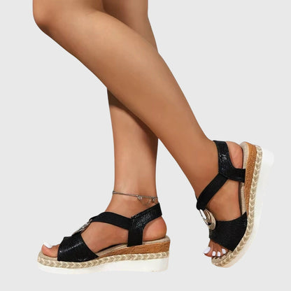 Comfortable Orthopedic Sandals for Women with T-Strap Elastic Band Espadrille Platform Metal Ring Open Toe Style