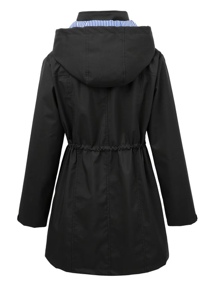 Chic Hooded Rainwear Jacket for Women with Drawstring Waist Zip Front Longline Windbreaker Outdoor Style