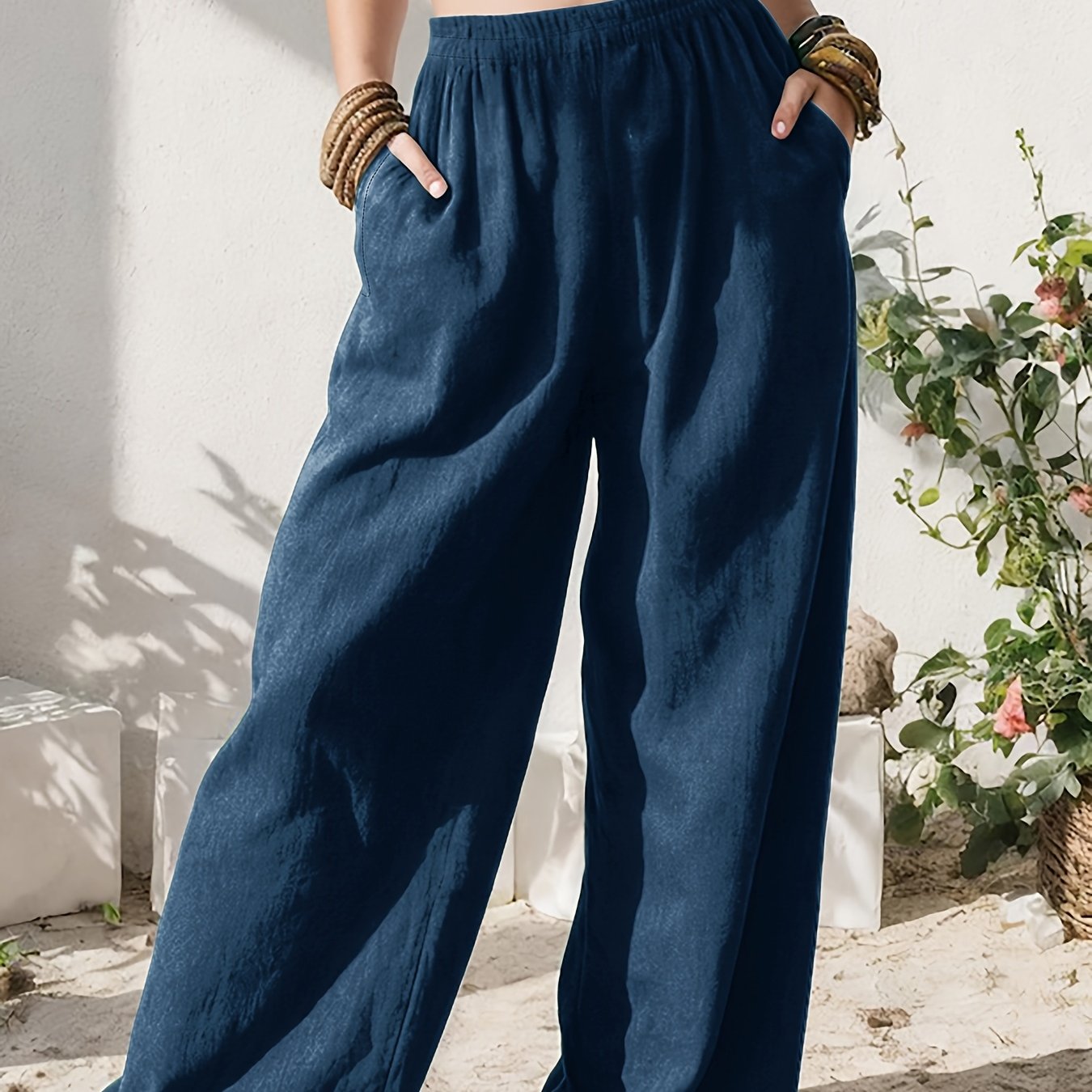 Effortless Linen Wide Leg Pants for Women with High Waist Pocket Flowing Relaxed Casual Style