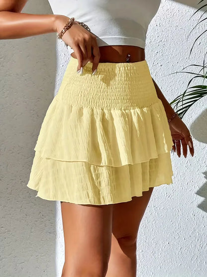 Effortless Tiered Mini Skirt for Women with Smocked High Waist Ruffle Layered Style