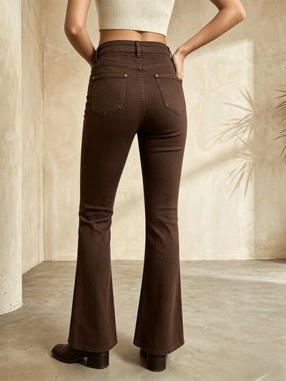 Effortless Coffee Brown High Waisted Jeans for Women with Flare Leg Button Front Stacked Western Style