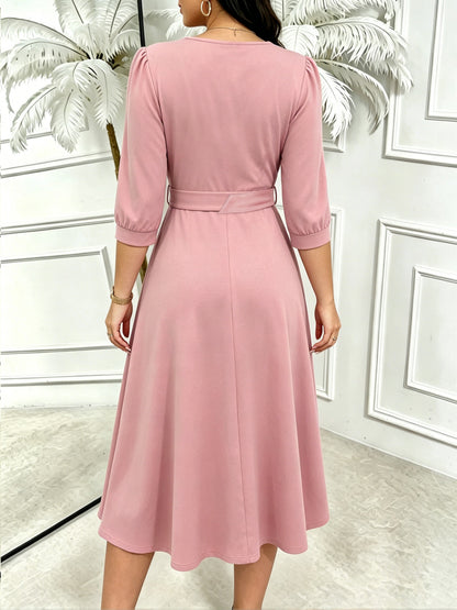 Elegant Light Pink Dress for Women with V Neck Three Quarter Sleeve Belted A Line Wrap Style