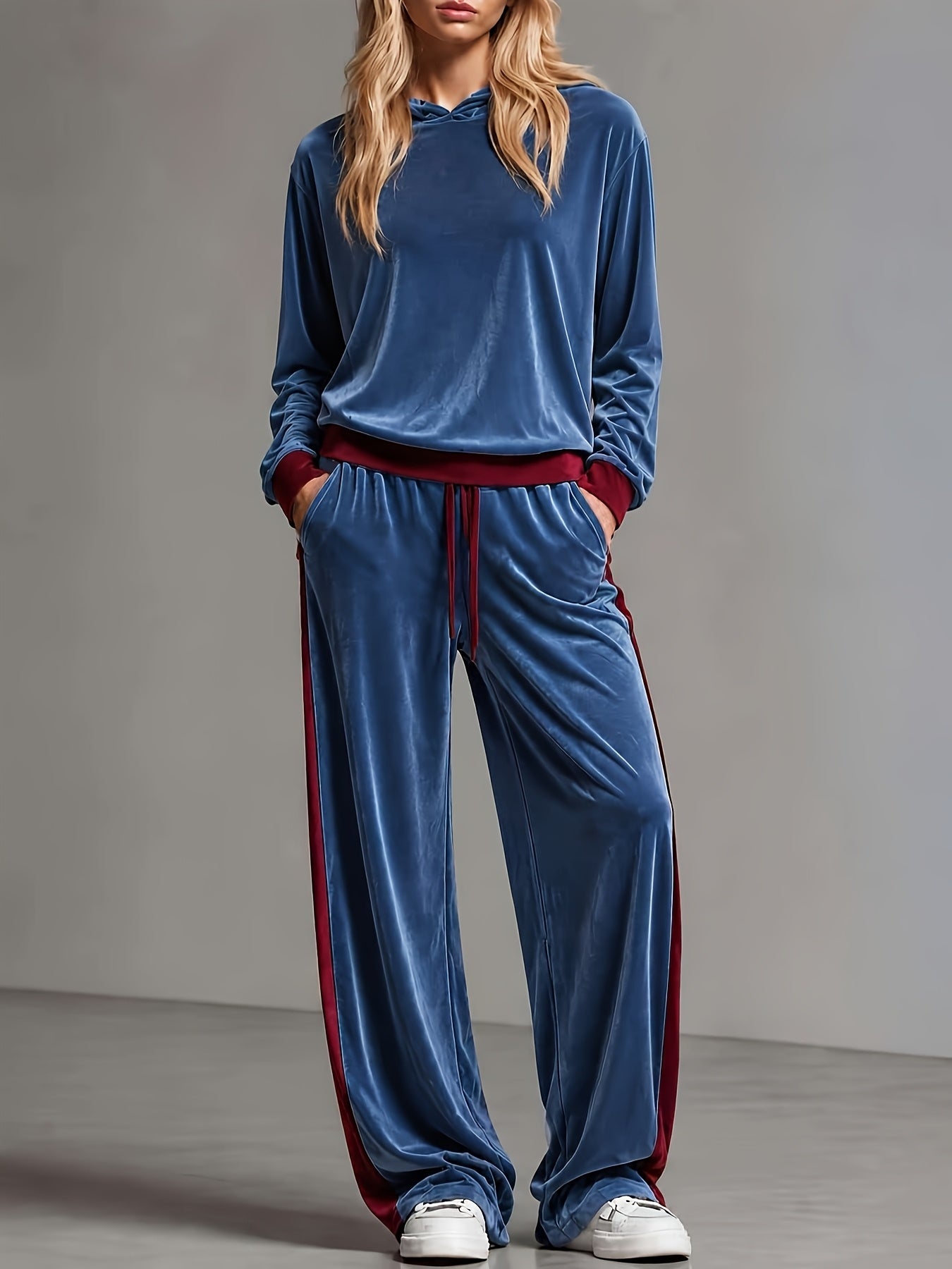 Cozy Velvet Colorblock Sweatsuit for Women with Hooded Long Sleeve Wide Leg Drawstring Two Piece Style