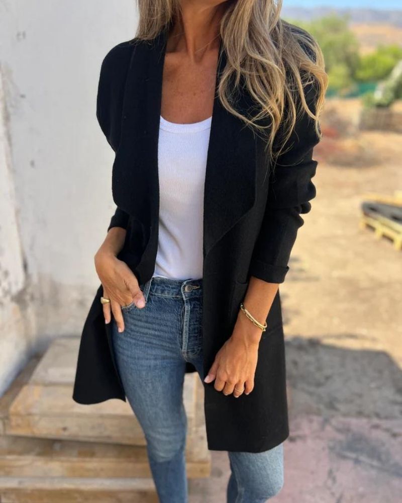 Effortless Fleece Jacket for Women with Waterfall Collar Long Sleeve Open Front Longline Style