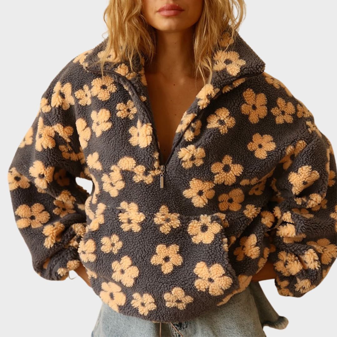 Comfortable Floral Sherpa Pullover for Women with Collar Half Zip Long Sleeve Oversized Knit Style