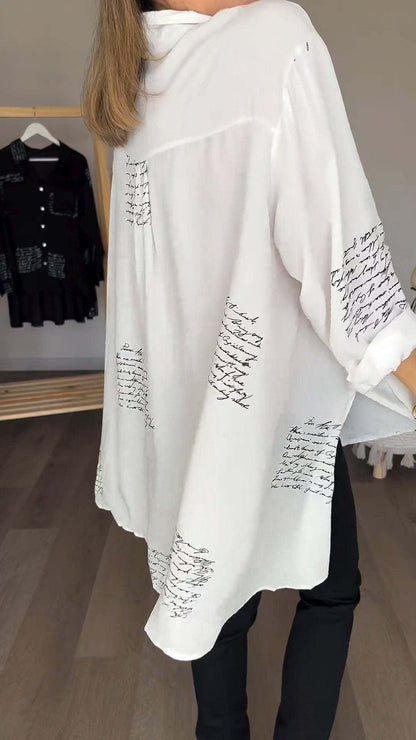 Effortless Script Print Shirt for Women with Collar Long Sleeve Oversized Casual Style