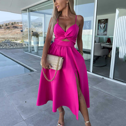 Elegant Twist Front Cocktail Dress for Women with Sweetheart Neckline Spaghetti Strap Cutout Waist Slit Style