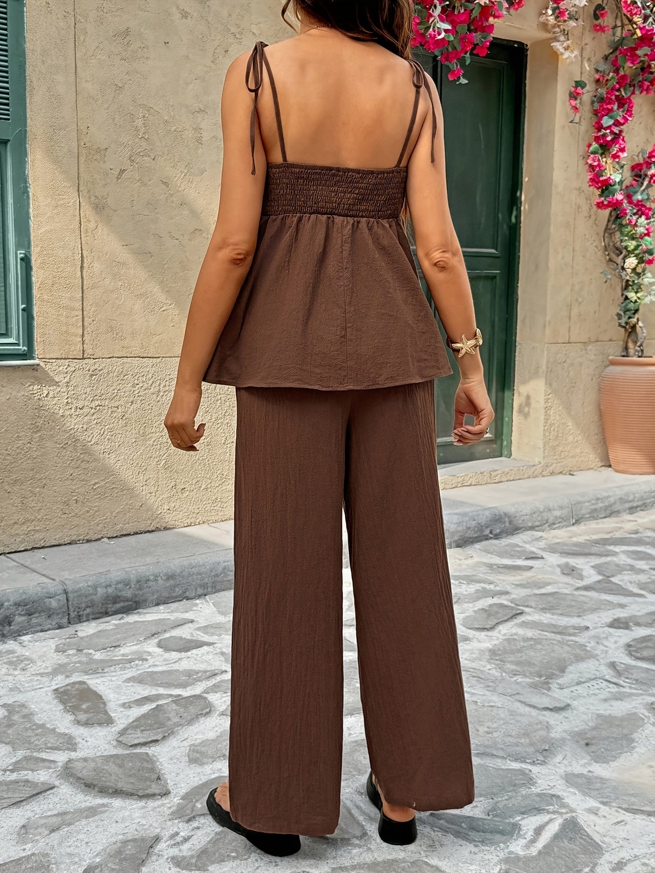 Comfortable Maternity Two Piece Set for Women with Spaghetti Strap Tie Back Tank Top Wide Leg Pants Casual Style