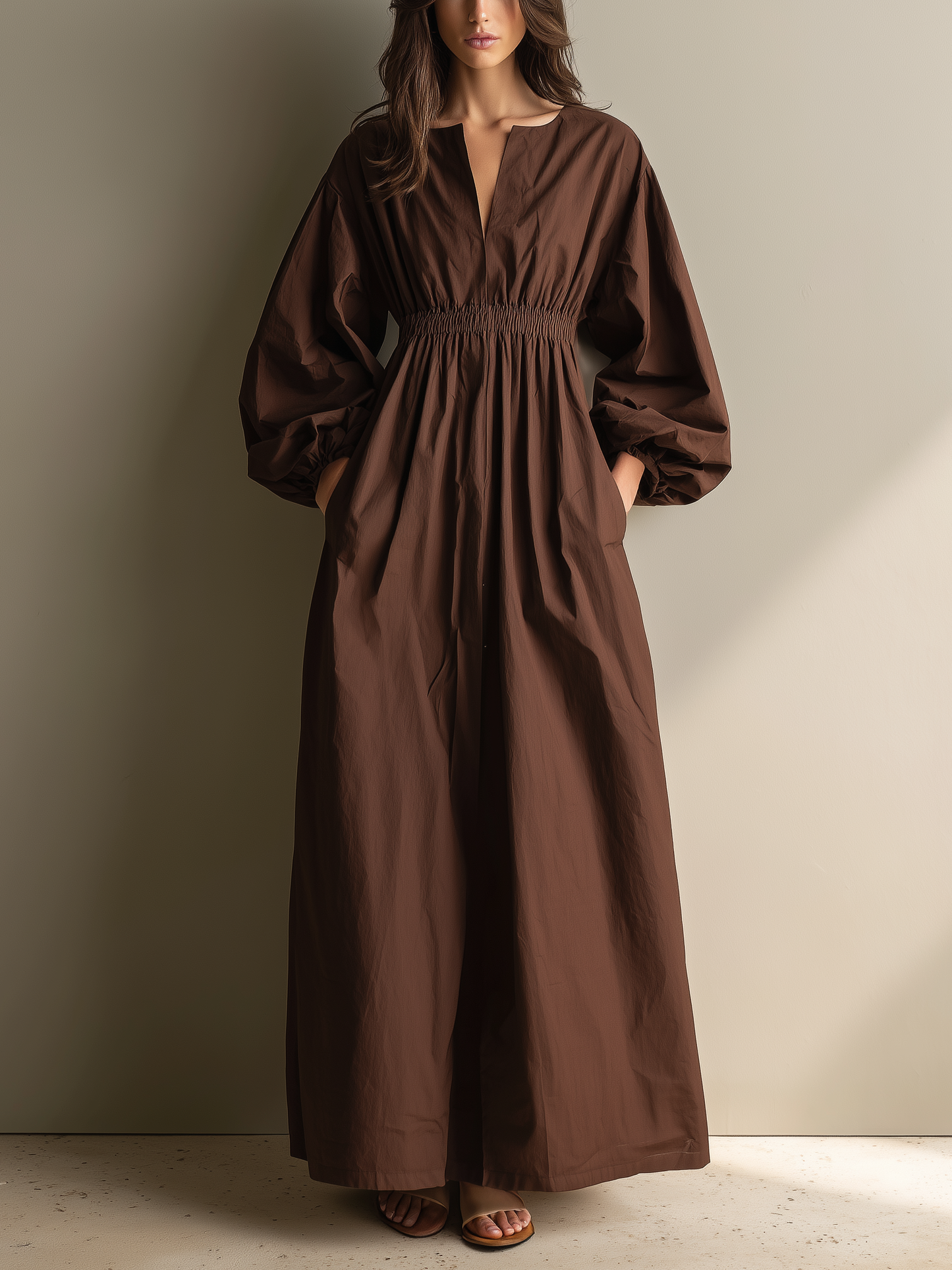 Effortless Brown Maxi Dress for Women with V Neck Puff Sleeve Elastic Waist Linen Flowing Casual Style