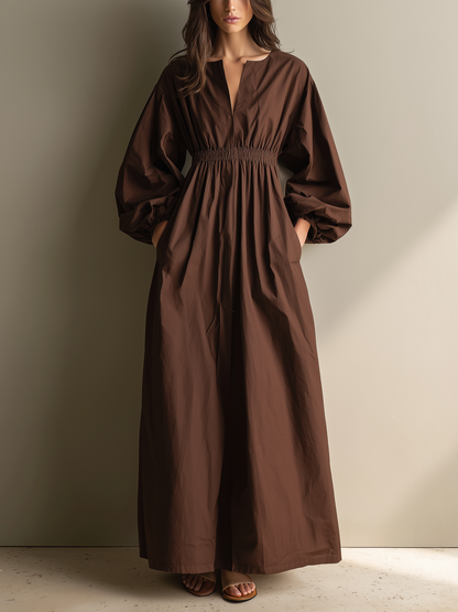 Effortless Brown Maxi Dress for Women with V Neck Puff Sleeve Elastic Waist Linen Flowing Casual Style