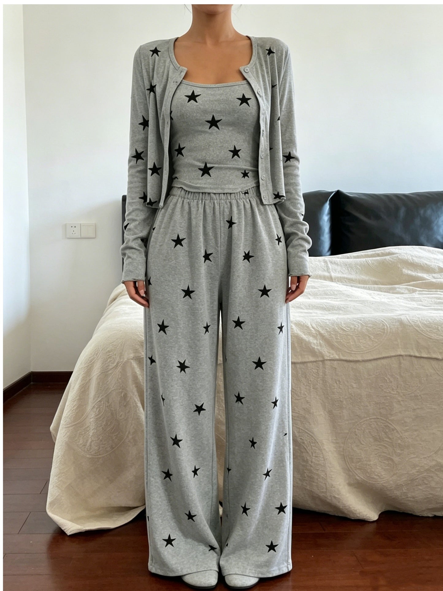 Comfortable Mixed Color Star Print Three Piece Pajama Set for Women with Round Neck Long Sleeve Cardigan Wide Leg Pant Relaxed Style