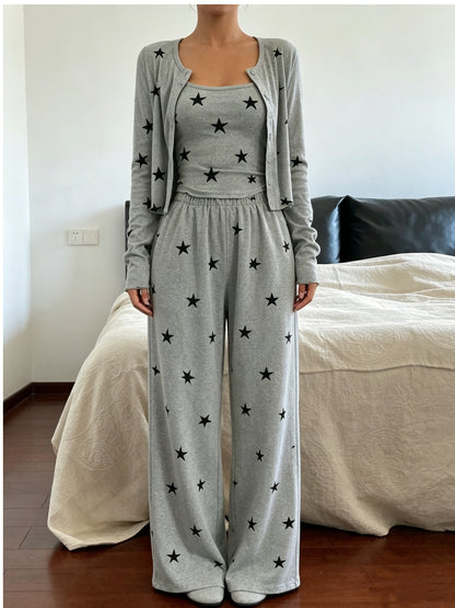Comfortable Mixed Color Star Print Three Piece Pajama Set for Women with Round Neck Long Sleeve Cardigan Wide Leg Pant Relaxed Style