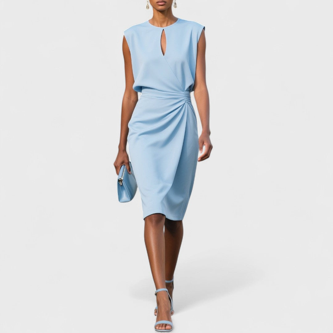Elegant Sheath Midi Dress for Women with Keyhole Neck Sleeveless Ruched Waist Cocktail Style
