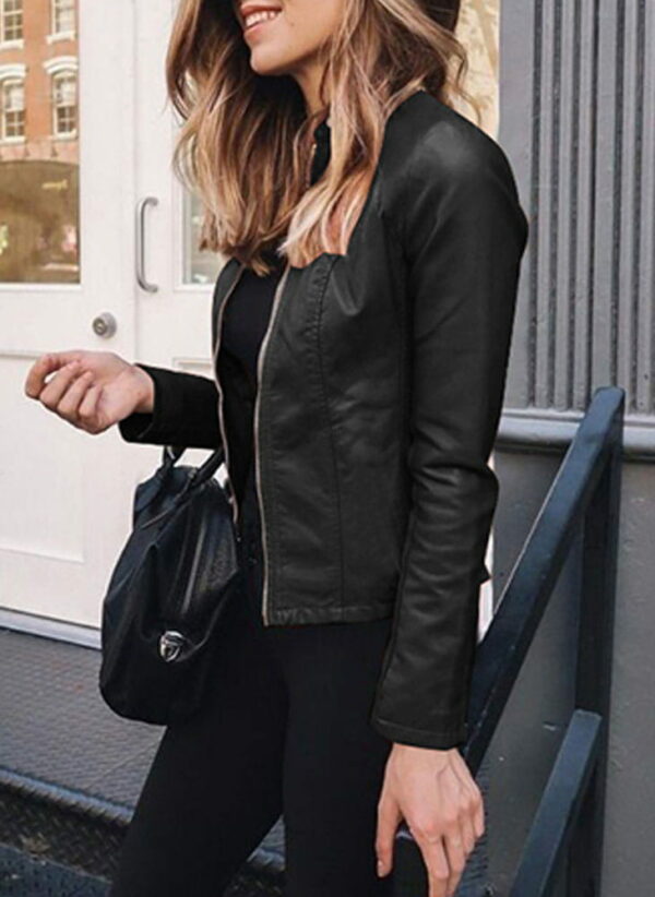 Elegant Faux Leather Moto Jacket for Women with Stand Collar Long Sleeve Zip Front Fitted Style