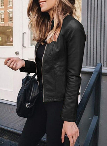 Elegant Faux Leather Moto Jacket for Women with Stand Collar Long Sleeve Zip Front Fitted Style