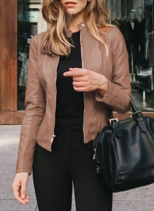 Elegant Faux Leather Moto Jacket for Women with Stand Collar Long Sleeve Zip Front Fitted Style