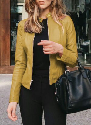 Elegant Faux Leather Moto Jacket for Women with Stand Collar Long Sleeve Zip Front Fitted Style