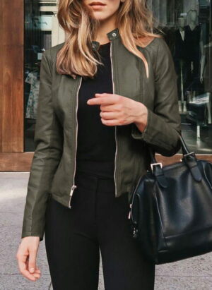 Elegant Faux Leather Moto Jacket for Women with Stand Collar Long Sleeve Zip Front Fitted Style