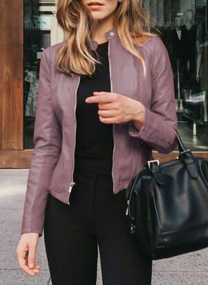 Elegant Faux Leather Moto Jacket for Women with Stand Collar Long Sleeve Zip Front Fitted Style