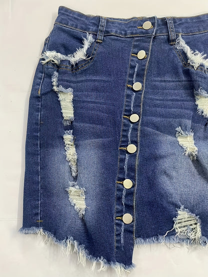 Stylish Blue Denim Mini Skirt for Women with High Waist Ripped Button Front Raw Hem Jean Skirt Style