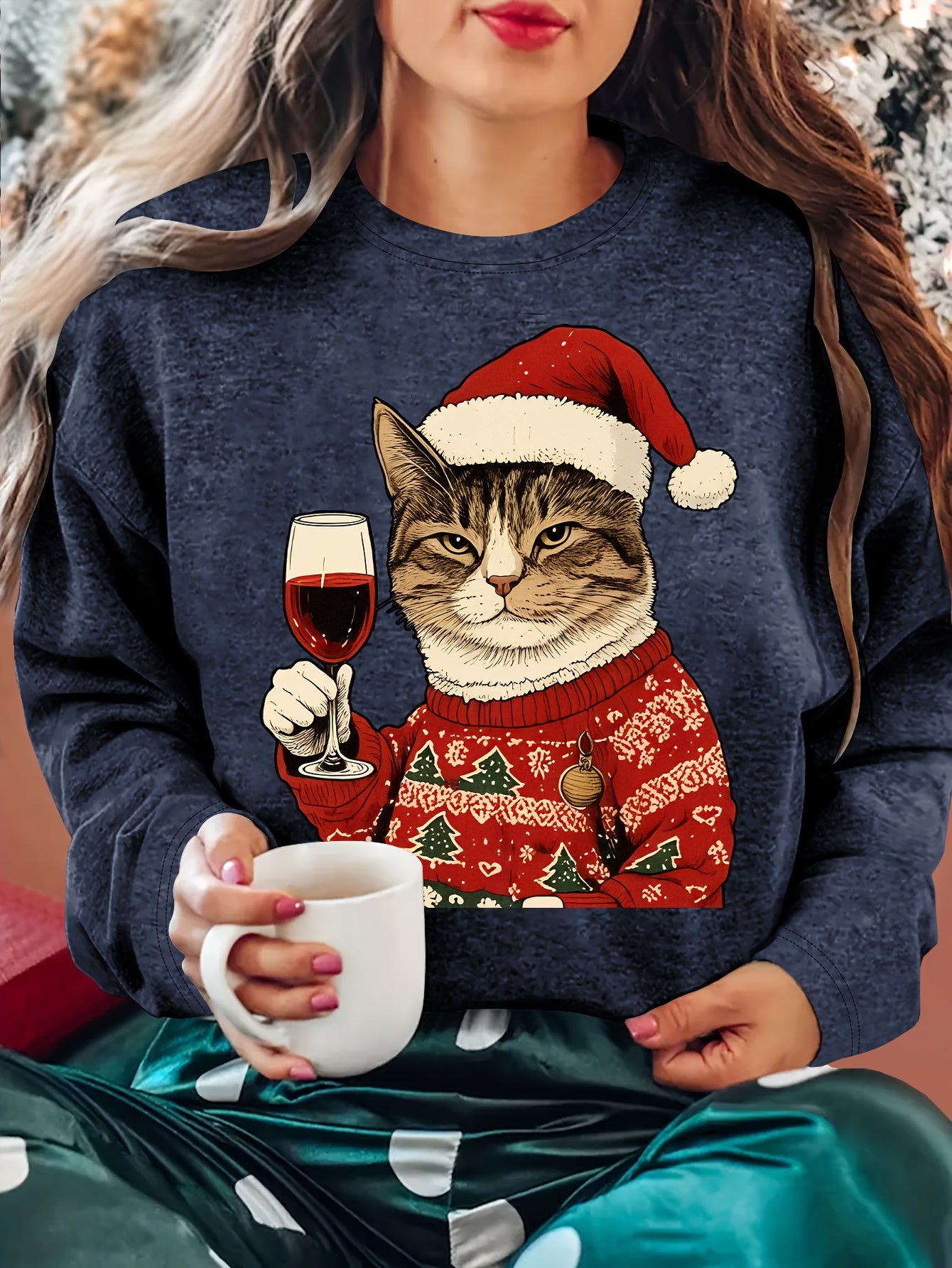 Comfortable Cat Graphic Christmas Tacky Sweater for Women with Crew Neck Long Sleeve Pullover Holiday Style