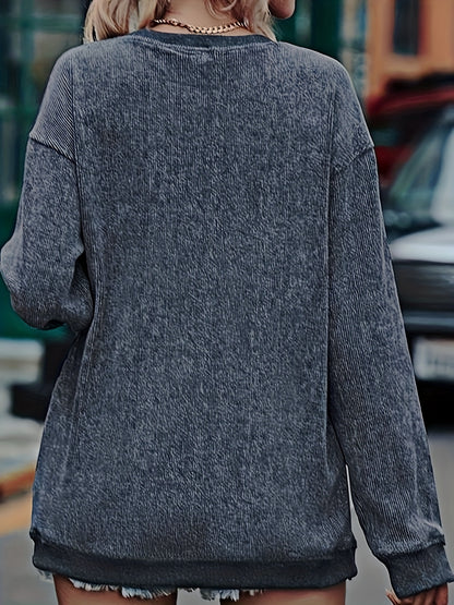Cozy Dark Gray Santa Print Christmas Tacky Sweater for Women with Crew Neck Long Sleeve Oversized Ribbed Knit Style