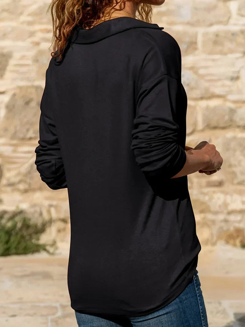 Effortless Zip Front Polo Top for Women with Collar Long Sleeve Relaxed Casual Style