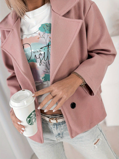 Effortless Pink Pea Coat for Women with Notched Lapel Long Sleeve Double Breasted Cropped Casual Style