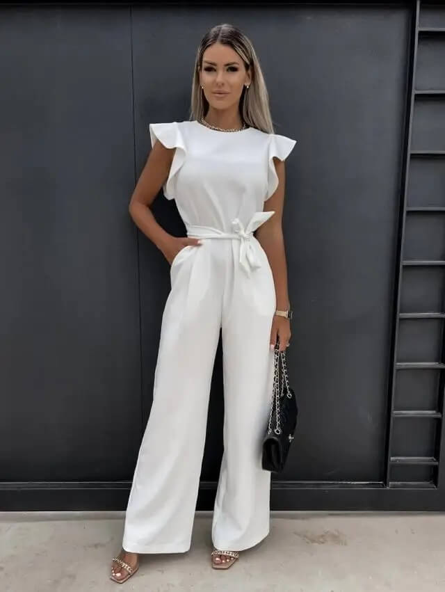 Elegant Ruffle Sleeve Jumpsuit for Women with Round Neck Belted Wide Leg Flowing Style