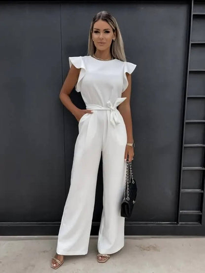 Elegant Ruffle Sleeve Jumpsuit for Women with Round Neck Belted Wide Leg Flowing Style