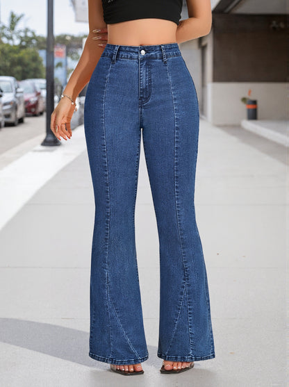 Effortless Medium Blue High Waisted Jeans for Women with Flared Leg Button Front Relaxed Casual Style