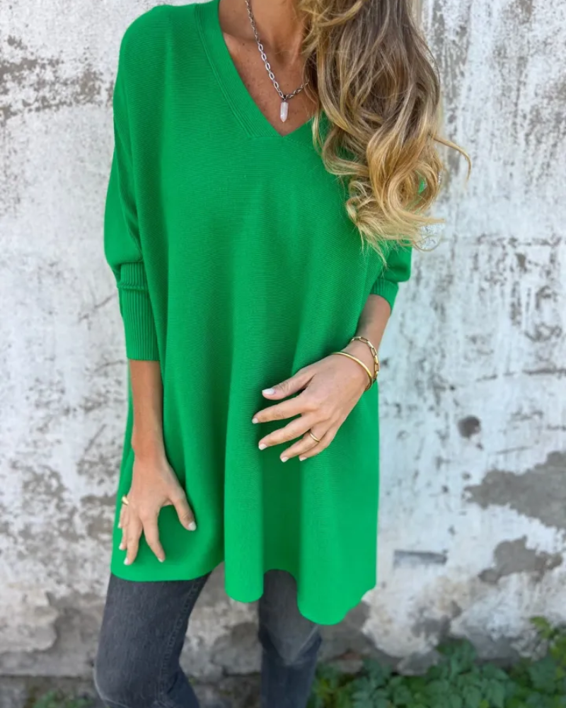 Effortless Green Knitted Top for Women with V Neck Long Sleeve Relaxed Tunic Style