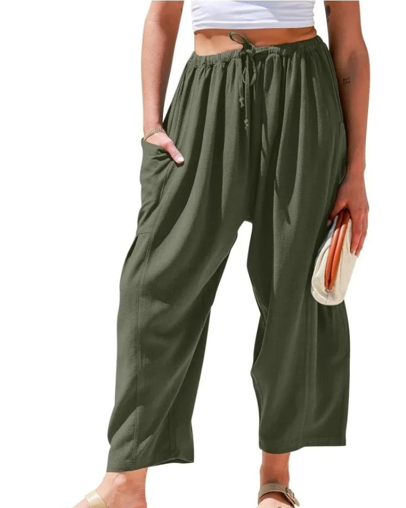 Effortless Linen Pants for Women with High Waist Drawstring Cropped Wide Leg Relaxed Casual Style