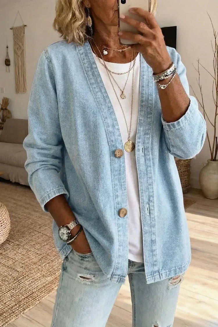 Effortless Washed Denim Cardigan for Women with Open Front Long Sleeve Button Relaxed Style