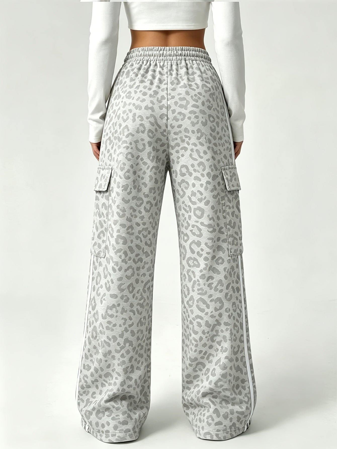 Effortless Leopard Print Cargo Pants for Women with High Waist Drawstring Wide Leg Relaxed Style