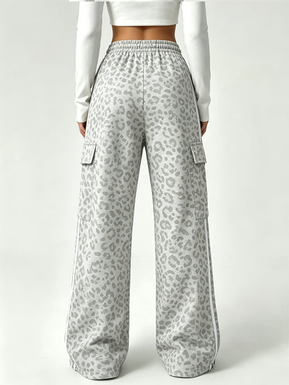 Effortless Leopard Print Cargo Pants for Women with High Waist Drawstring Wide Leg Relaxed Style