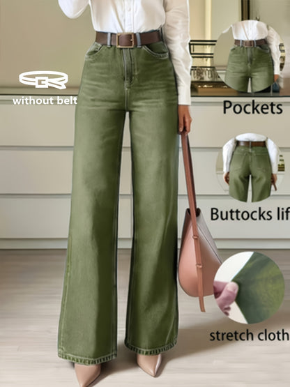 Effortless Fern Green Flare Jeans for Women with High Waist Stretch Wide Leg Style