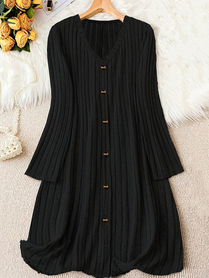 Comfortable Ribbed Knit Sweater Dress for Women with V Neck Long Sleeve Button Front Flowing Style