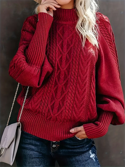 Comfortable Cable Sweater for Women with Mock Neck Balloon Sleeve Relaxed Oversized Knit Style