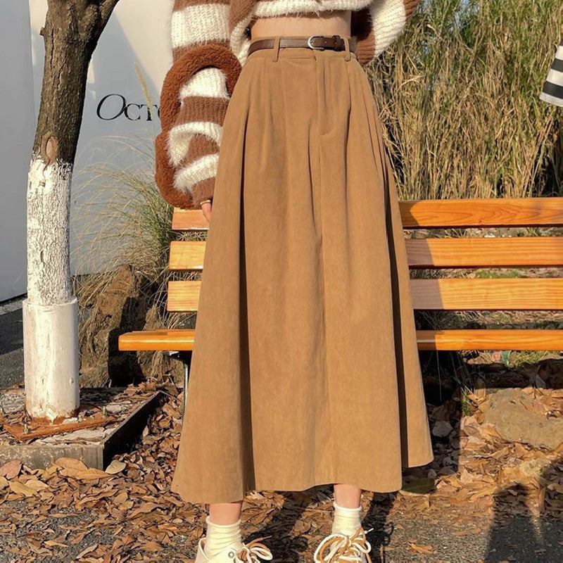 Elegant Belted Midi Skirt for Women with High Waist Pleated A Line Flowing Style
