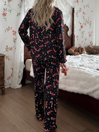 Cozy Black Candy Cane Print Christmas Pajamas for Women with Notch Collar Long Sleeve Ruffle Trim Relaxed Style