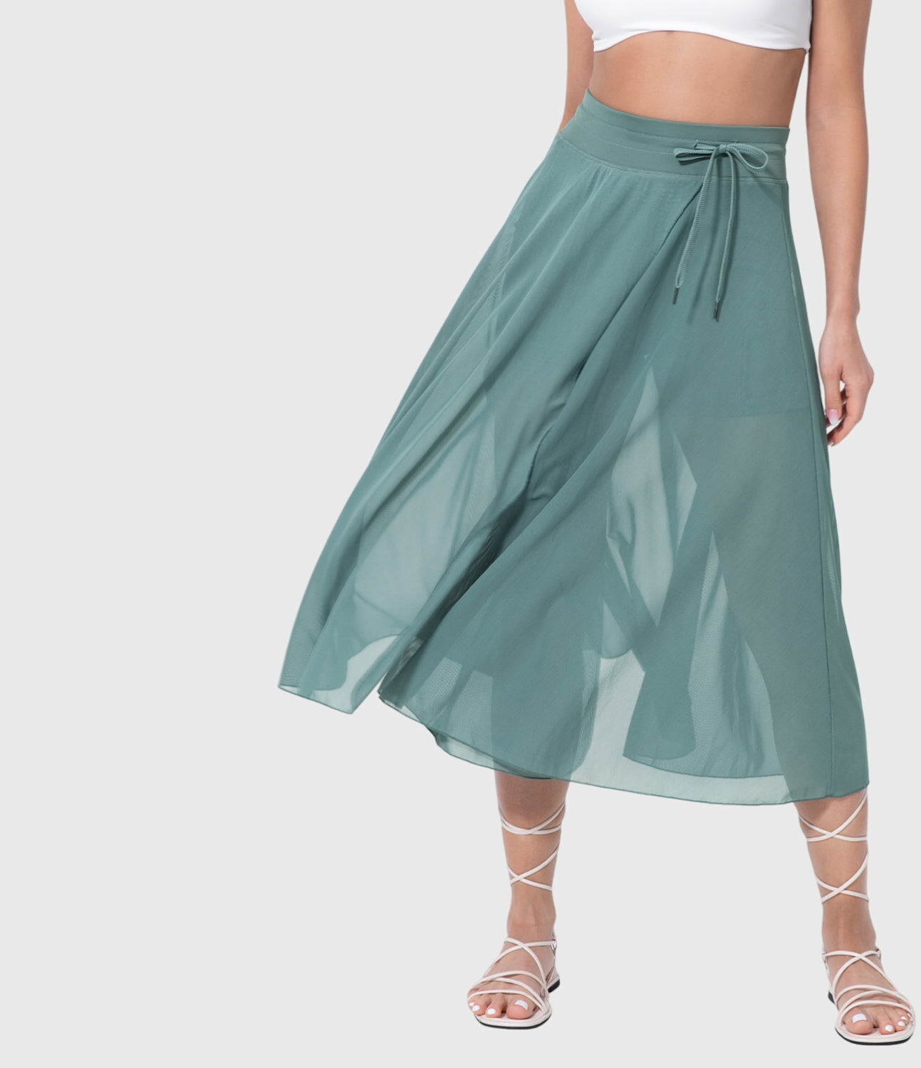 Effortless Sage Green Mesh Skirt for Women with High Waist Drawstring A Line Flowy Style