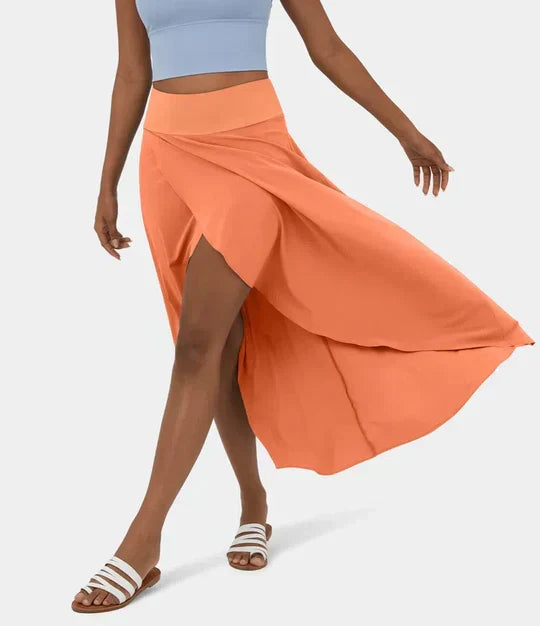 Effortless Wrap Maxi Skirt for Women with High Waist Asymmetrical Hem Slit Flowing Style