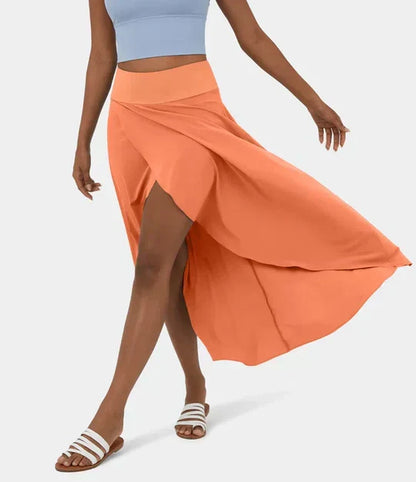 Effortless Wrap Maxi Skirt for Women with High Waist Asymmetrical Hem Slit Flowing Style