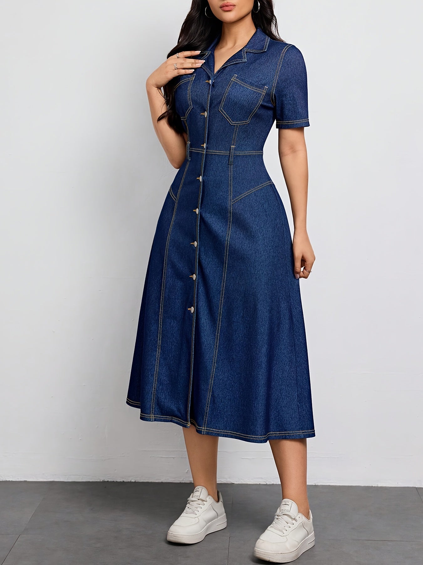 Effortless Blue Denim Dress for Women with Collar Belted Button Front Midi
